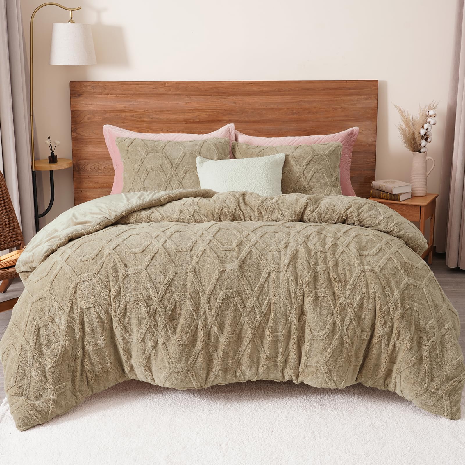 Phf Warm Sherpa Fleece King Comforter Set, 3D Tufted Fluffy Khaki Bedding For Winter, Soft 2 Pieces Shaggy Bed Set, 1 Comforter
